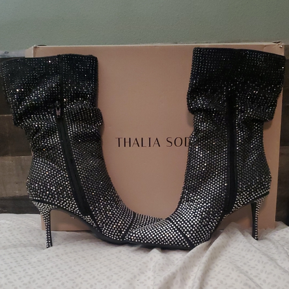 Thalia Sodi Womens Black Raquell Slouch Pointed Toe Embellished Dress Boots NIB
